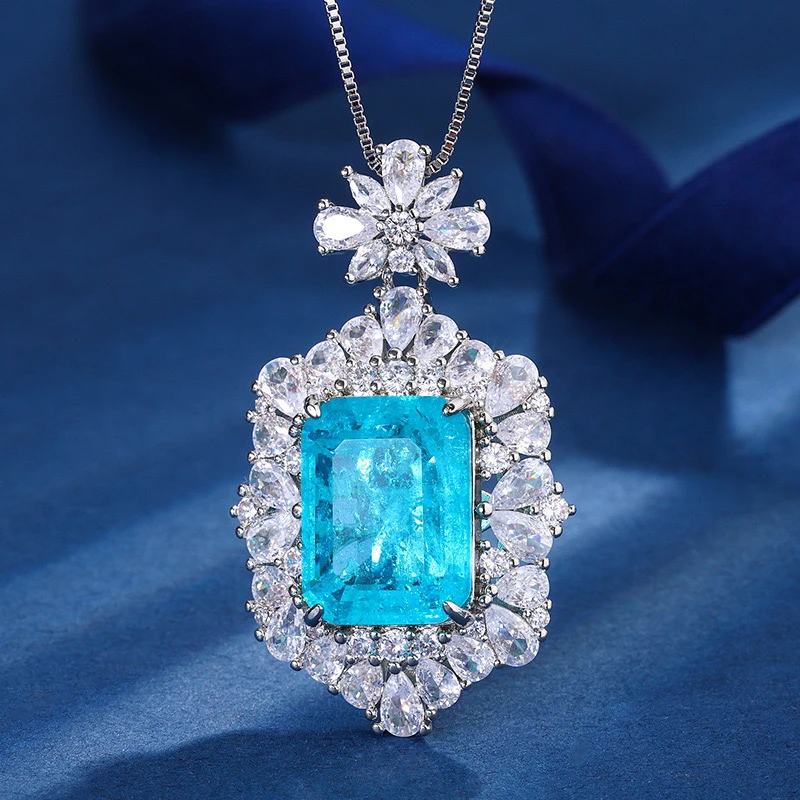 链子925银 欧美复古帕拉伊培育冰蓝吊坠