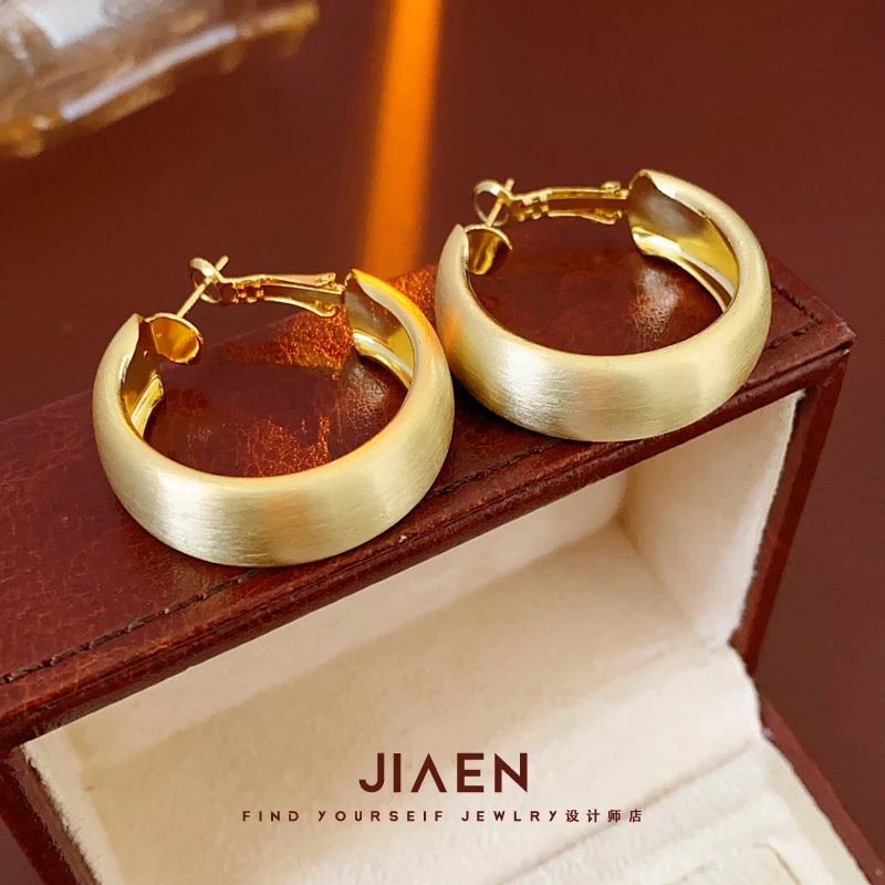 黄铜耳饰 圆形拉丝耳圈女士耳环简约百搭宽边耳环气质轻奢高级感