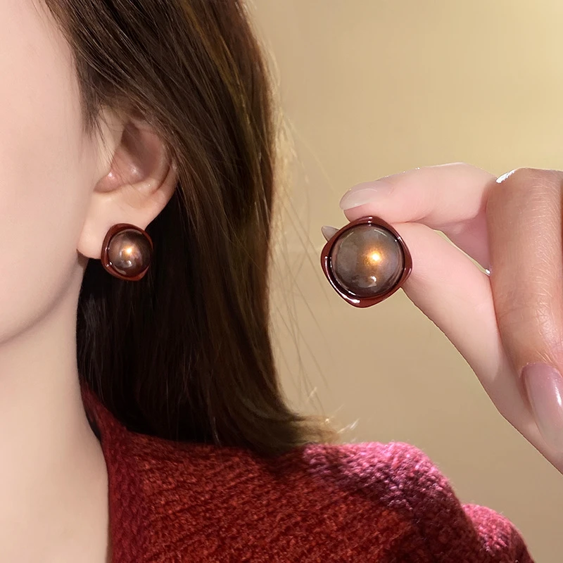 铜合金耳饰 安可拉红香槟珍珠耳环温柔时尚气质百搭耳钉新款耳饰