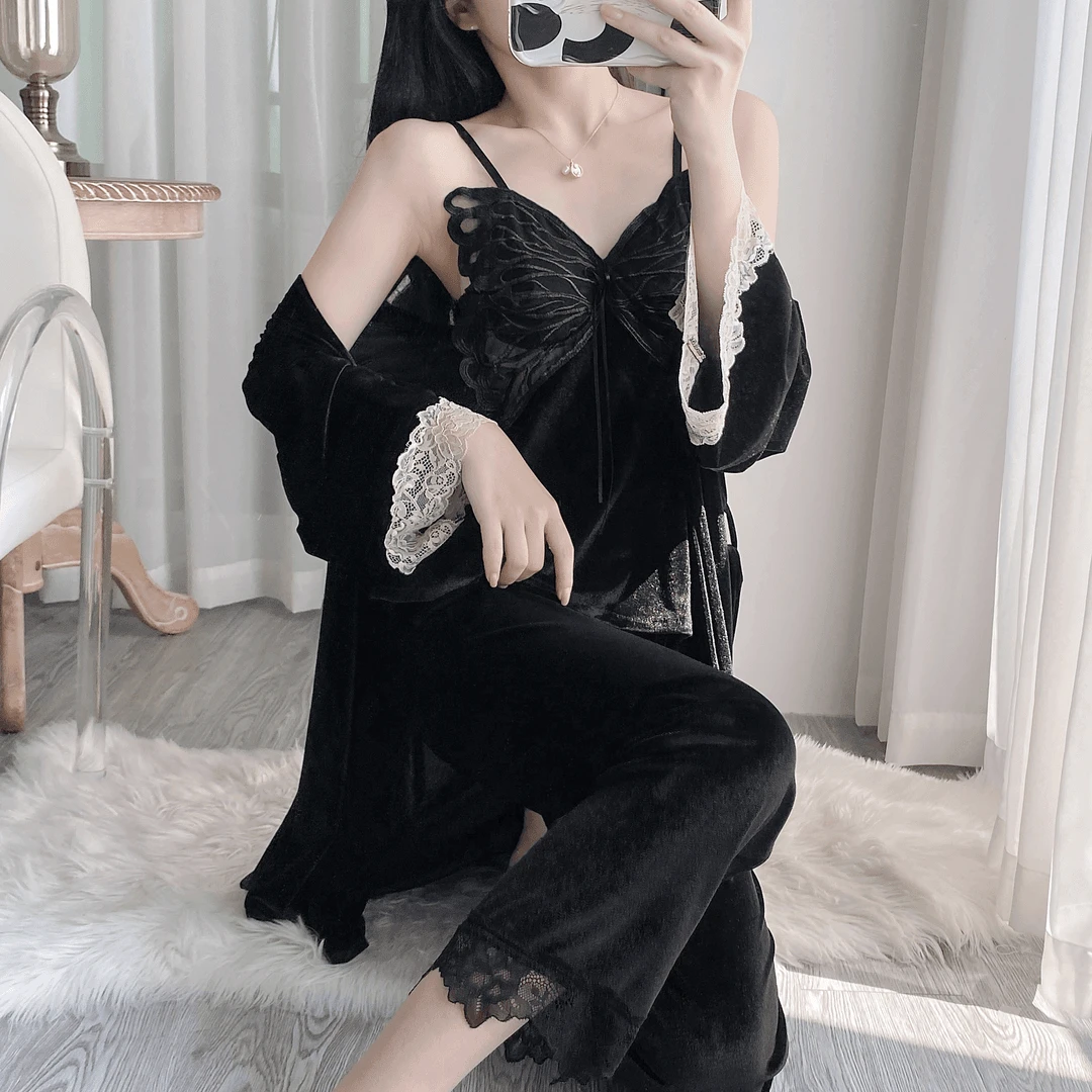 【蝴蝶套装】秋冬新款睡裙丝绒显瘦家居服性感蕾丝纯欲吊带睡裤套装