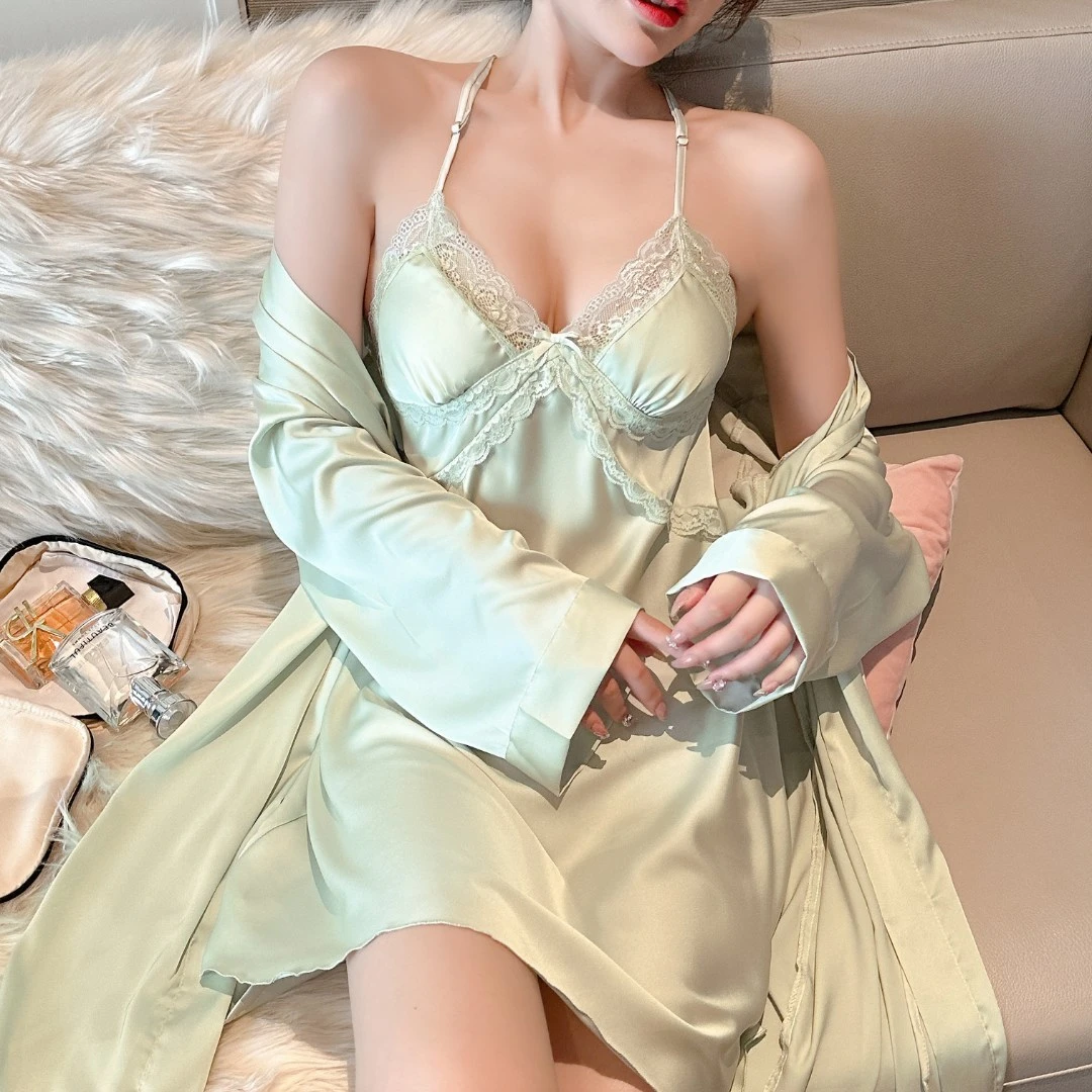 【花开陌上】网红睡衣女士夏季冰丝带胸垫蕾丝吊带睡裙家居服薄款