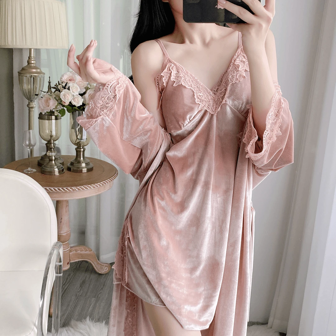 【年华】大码丝绒睡衣女士2024年新款秋冬纯欲睡裙性感吊带蕾丝