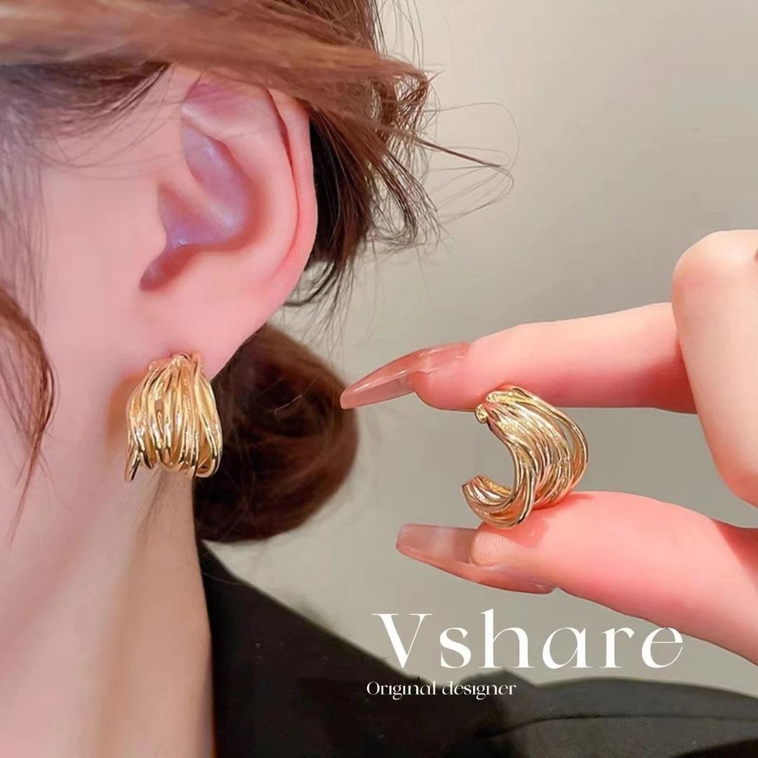 【揽月】法式欧美个性金色设计感编织简约气质耳钉