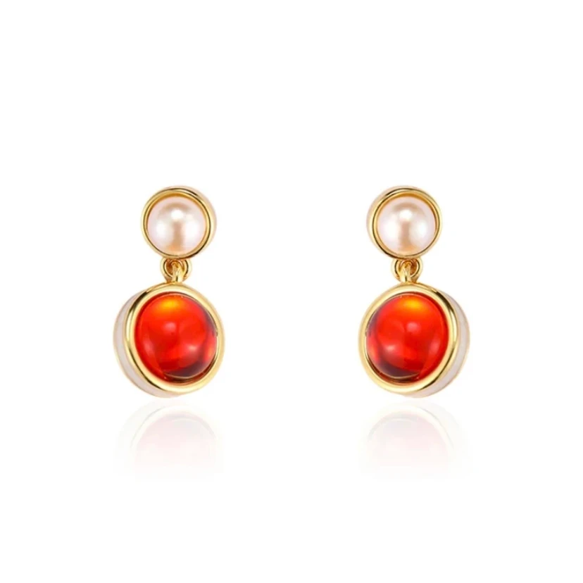 铜合金合成锆石耳饰 《货号7890》复古时尚红珠耳坠