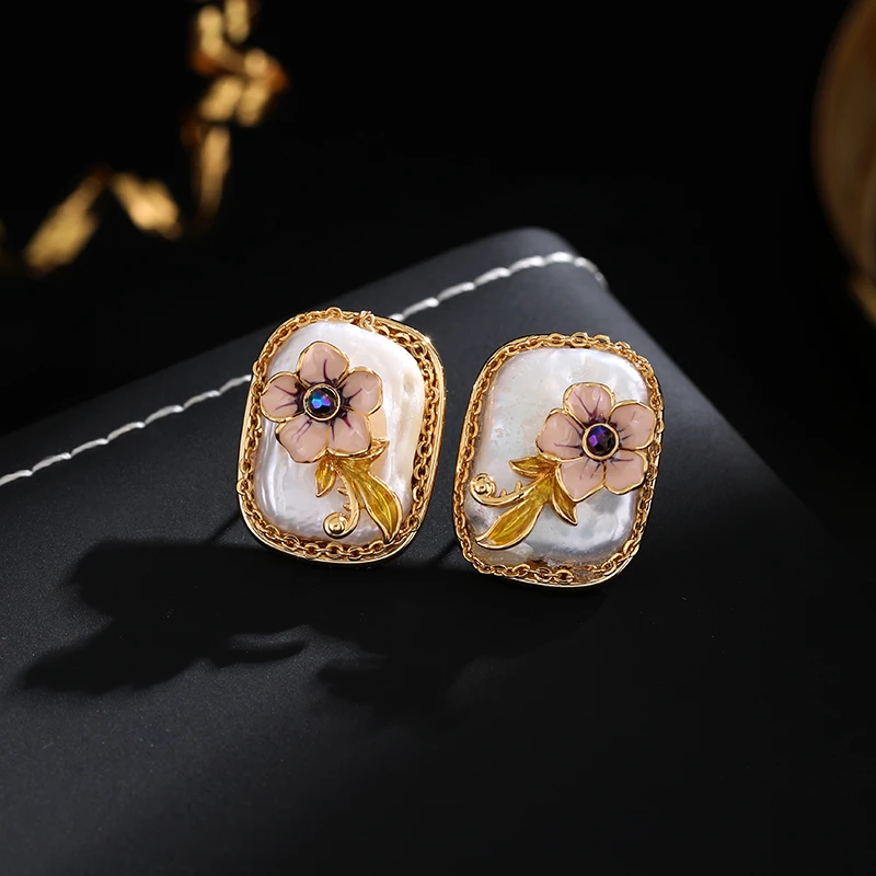 铜合金耳饰 《货号7561》新中式油画花朵异性珠耳钉