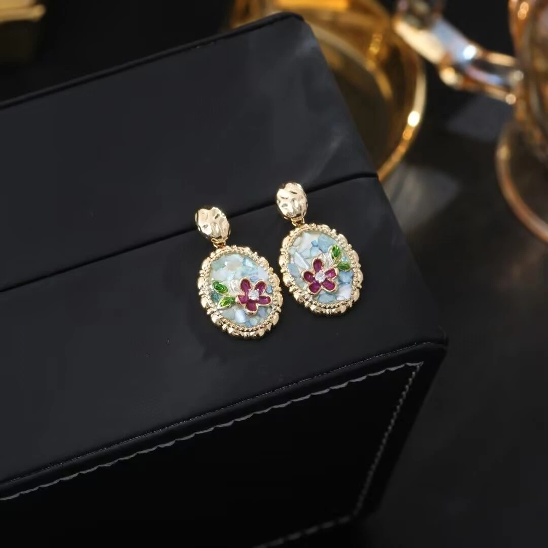 铜合金耳饰 《货号8429》油画五瓣花吊坠