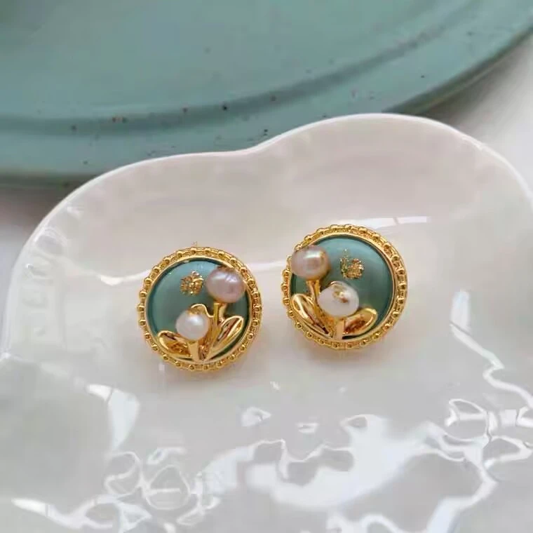 铜合金耳饰 《货号7888》油画花朵圆形耳钉