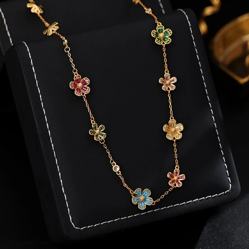 铜合金项链 《货号7636》彩色花朵线性项链