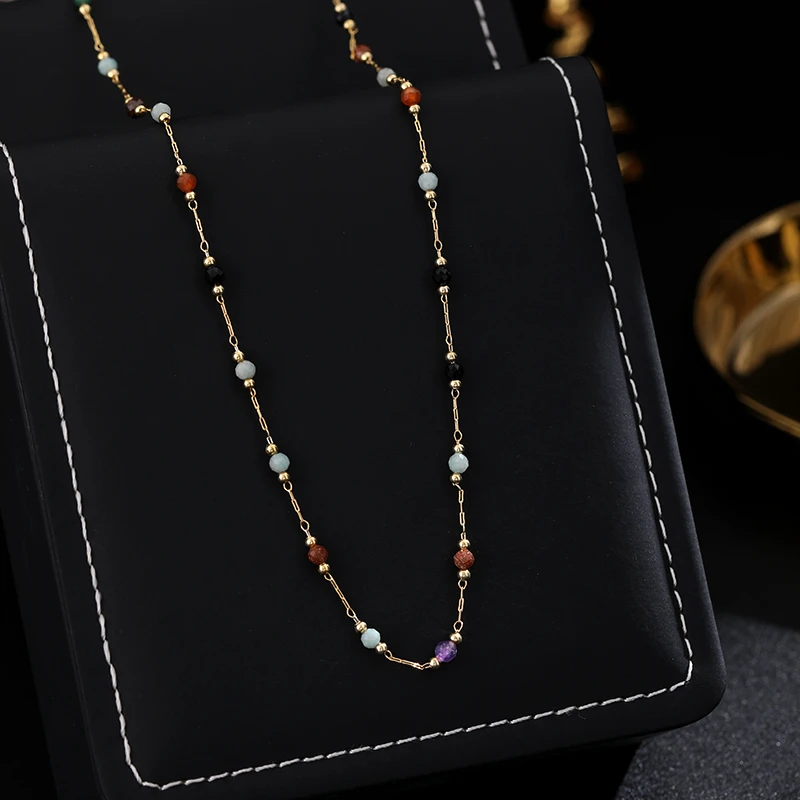 铜合金项链 《货号7400》简约甜美彩色串珠项链（链长：46+6cm）