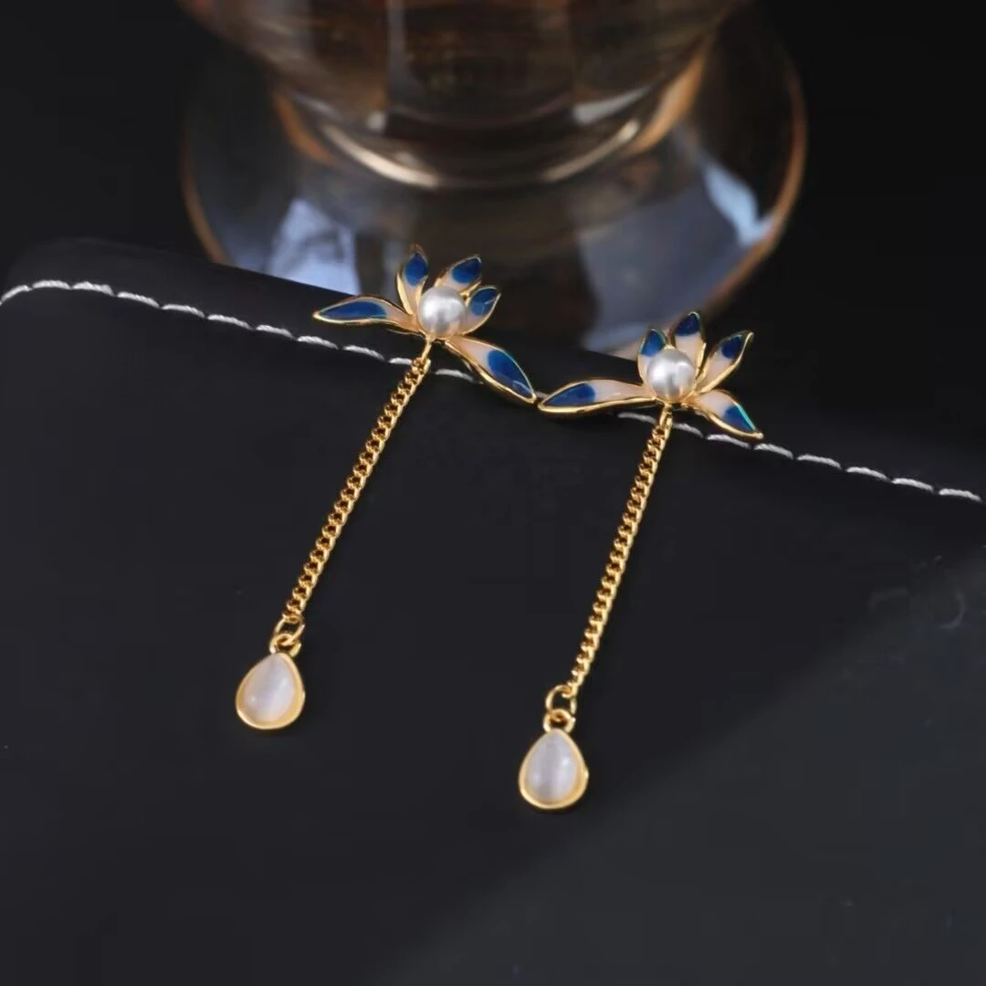 铜合金合成锆石耳饰 《货号8178》 五瓣花珠珠耳线小流苏耳环