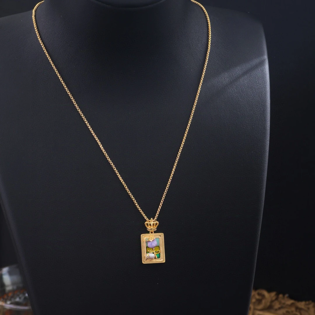铜合金项链 《货号8039》方形花朵油画吊坠项链