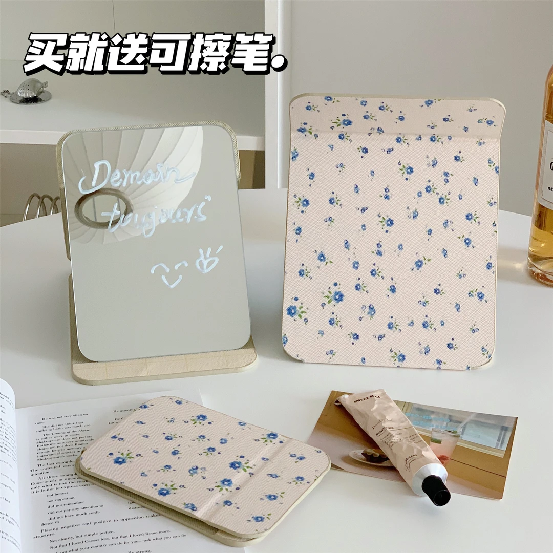 蓝色碎花折叠小镜子学生宿舍便携化妆镜桌面台式穿衣镜方形梳妆镜