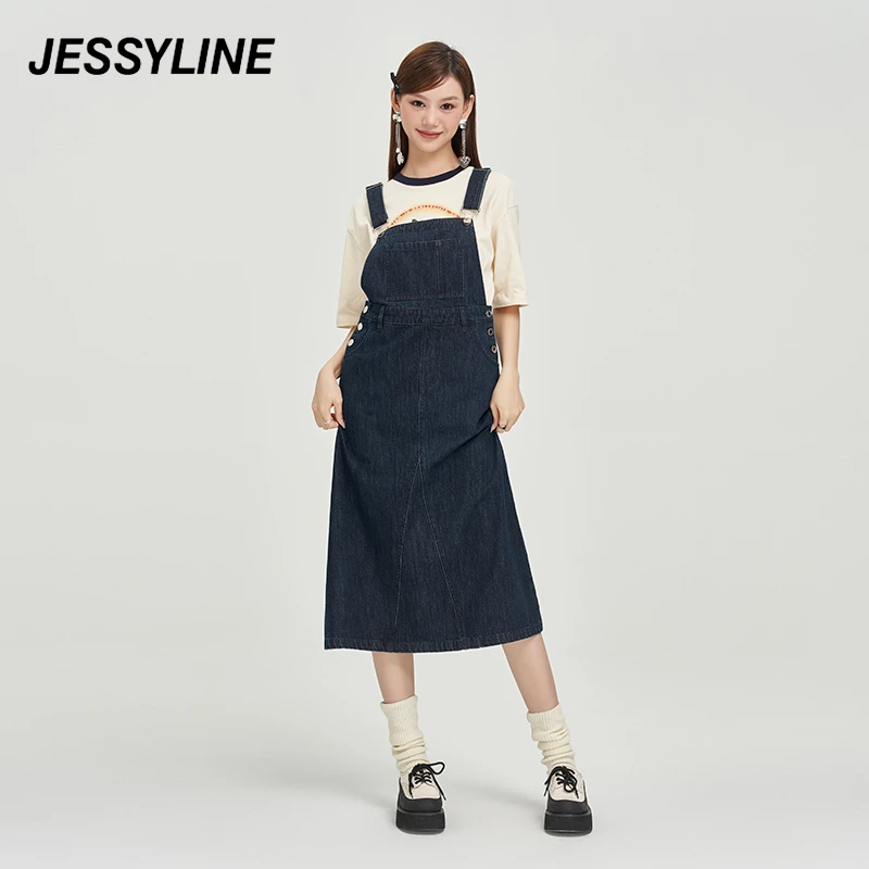 jessyline 杰茜莱长款牛仔背带连衣裙 秋季新款