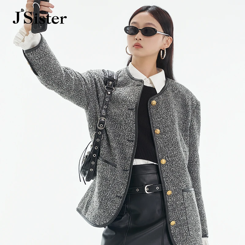 jsister 秋装新款 JS女装时尚花灰流行小香风外套 S334207253