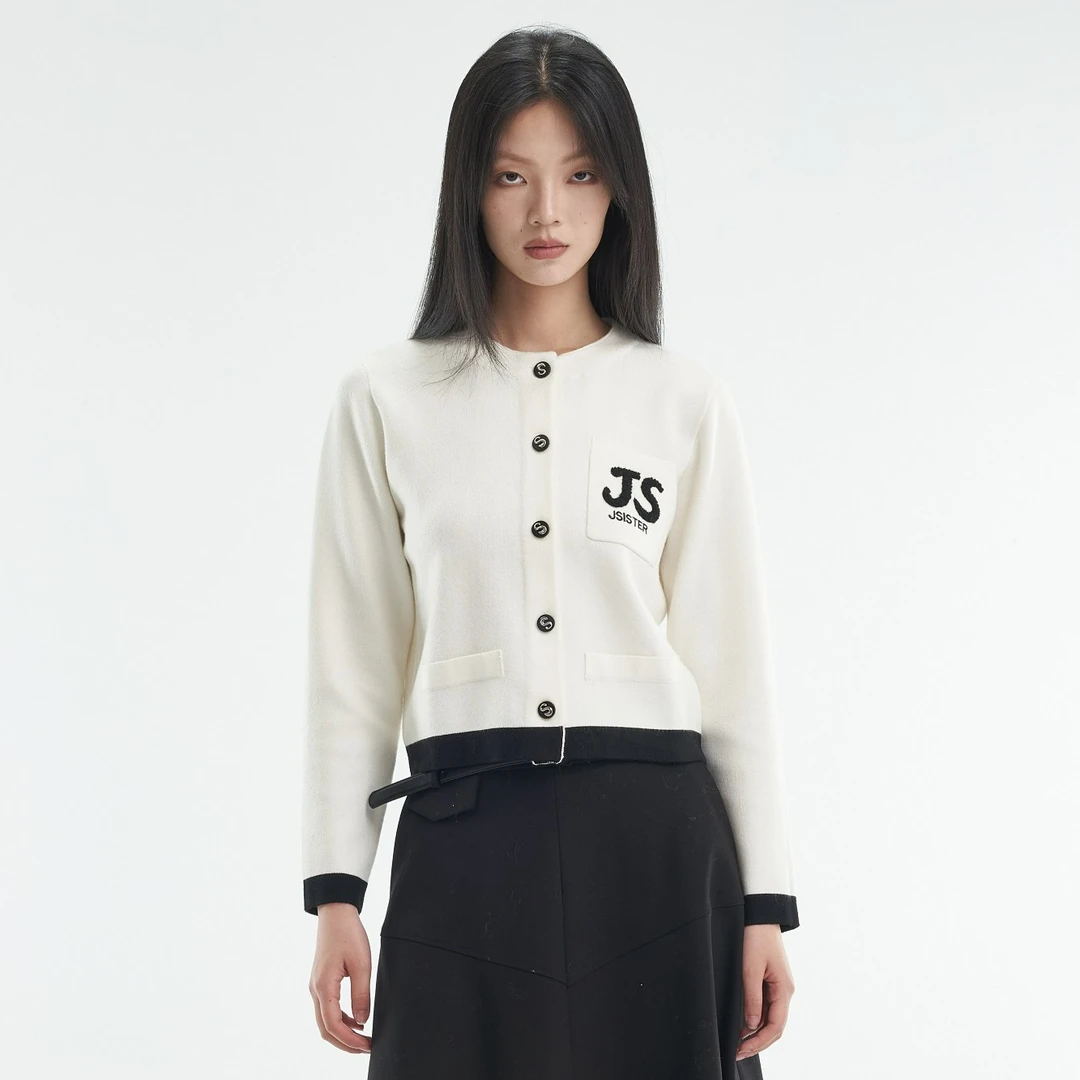 Jsister 秋季新款JS简约白色学院针织衫圆领提花优雅气质秋冬