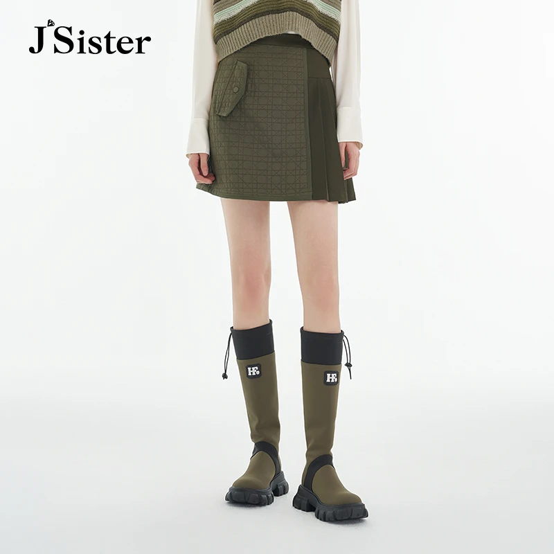 jsister 秋装新款 JS女装时尚军绿流行拼接A字短裙S333212180