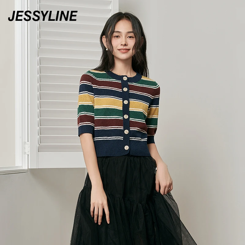 杰茜莱条纹显瘦减龄针织开衫女秋新短款毛衣小外套 jessyline