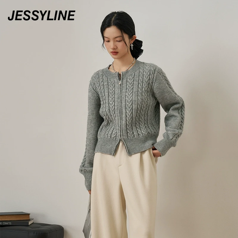 jessyline秋季新款 杰茜莱灰色短款针织开衫女 434204283
