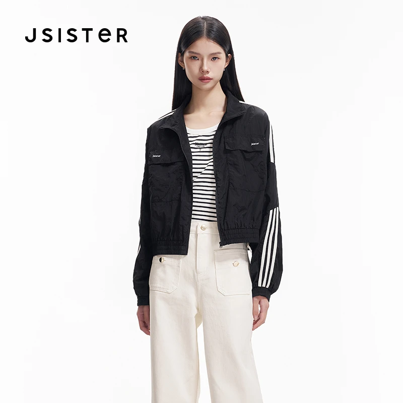 jsister 春季新品 JS女装黑白条纹运动风外套 上衣