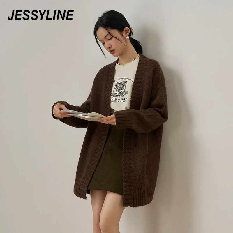 jessyline秋季新款 杰茜莱v领中长款针织开衫 433104176