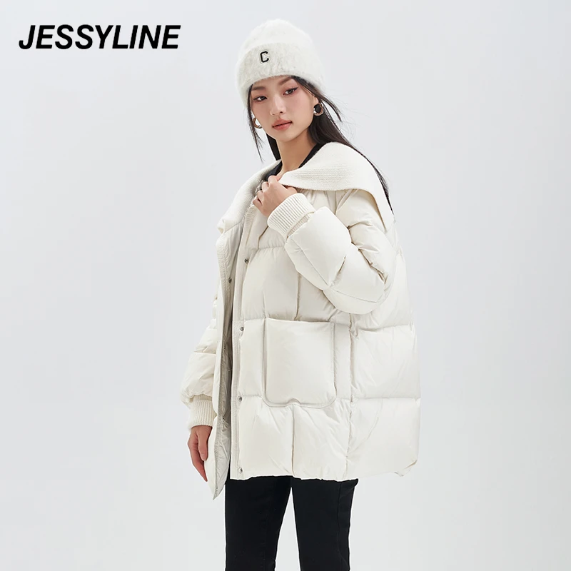 jessyline冬季新款女装 杰茜莱米白色中长款羽绒服 342108026
