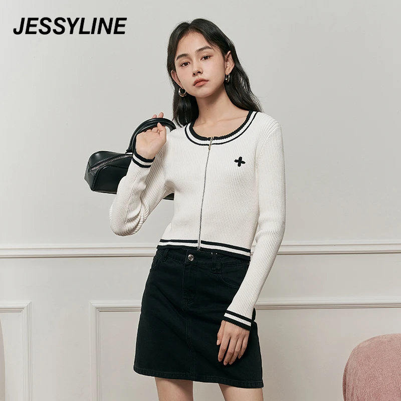 jessyline秋装新款 杰茜莱黑白色修身显瘦针织开衫女短款毛衣