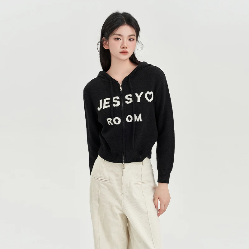 杰茜莱时尚字母百搭连帽短款针织开衫女2023秋新款毛衣 jessyline