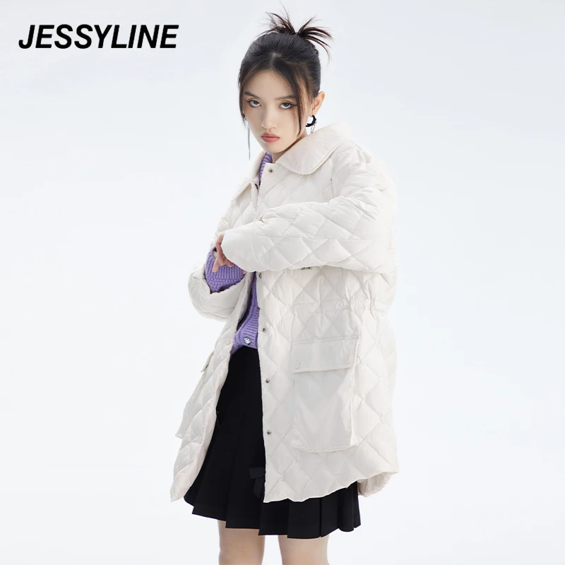 jessyline冬季新品 杰茜莱中长款衬衫羽绒服女保暖外套休闲女款