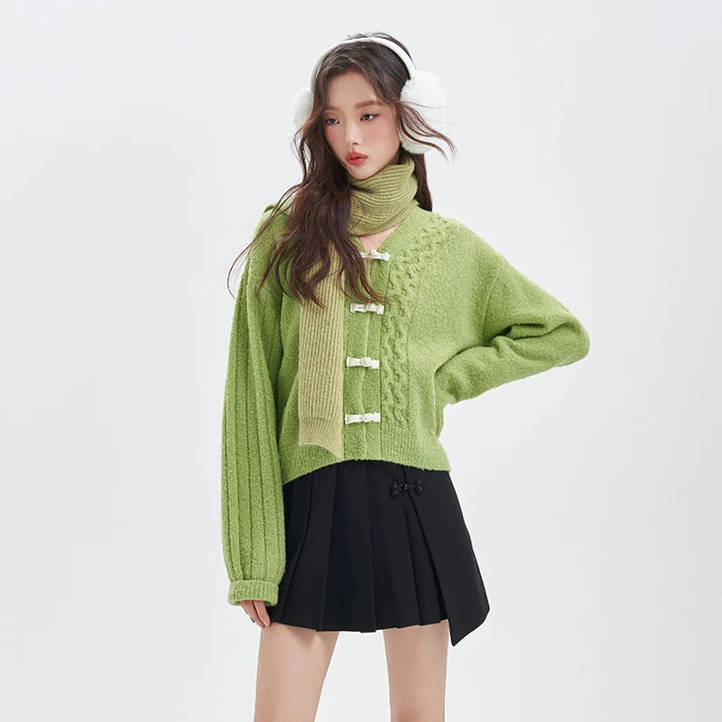 jessyline秋季新款女装 杰茜莱绿色v领针织开衫女 344204370