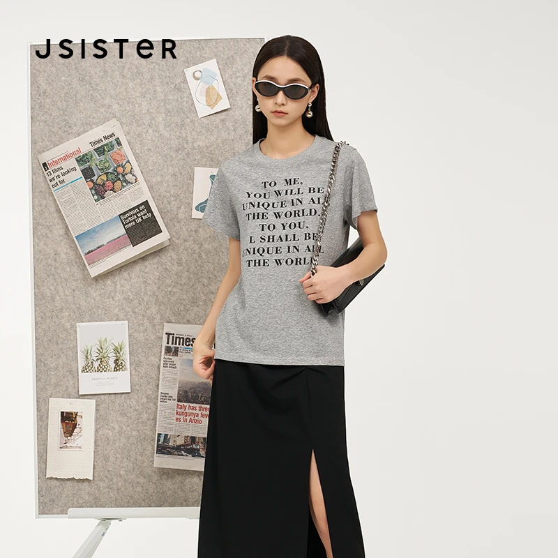 jsister 年夏季新品 JS女装时尚灰色英文字母印花直筒短袖T恤