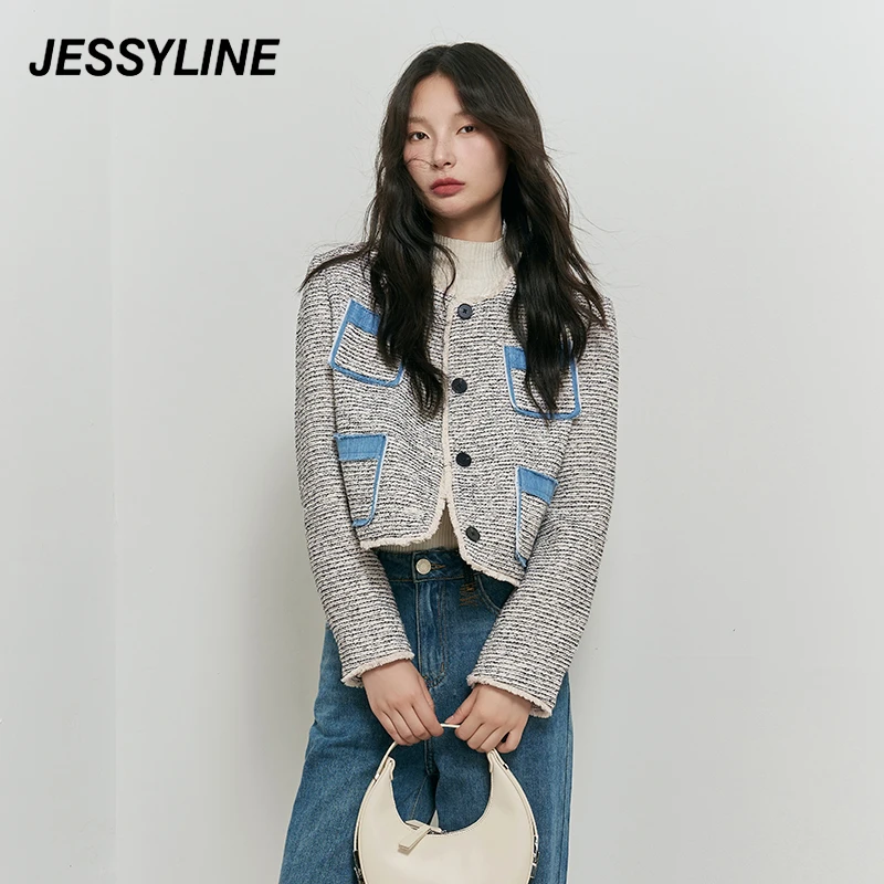 jessyline秋装新款 杰茜莱灰白色气质高级感短款小香风外套女