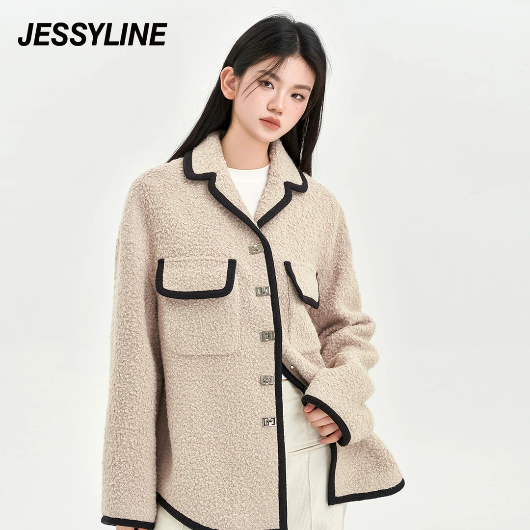 jessyline 秋季新款 杰茜莱卡其毛呢外套简约大地色百搭显瘦