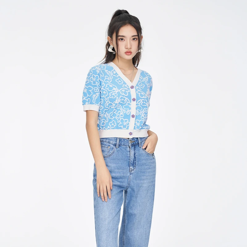 jessyline杰茜莱v领短袖针织开衫女时尚夏新款薄荷曼波穿搭