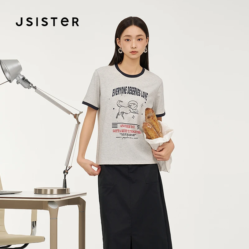 jsister 年夏季新品 JS女装时尚浅灰直筒印花短袖T恤上衣