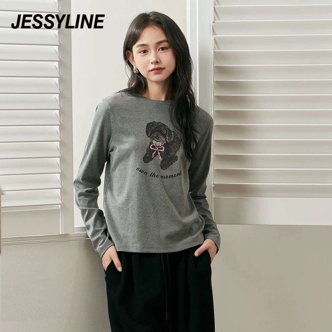 jessyline 秋季新款 杰茜莱简约印花长袖T恤小狗打底衫穿搭