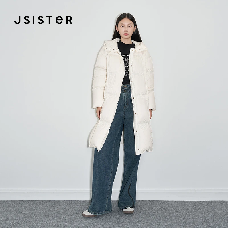 jsister 秋冬新款 JS女装时尚简约直筒长款连帽羽绒服