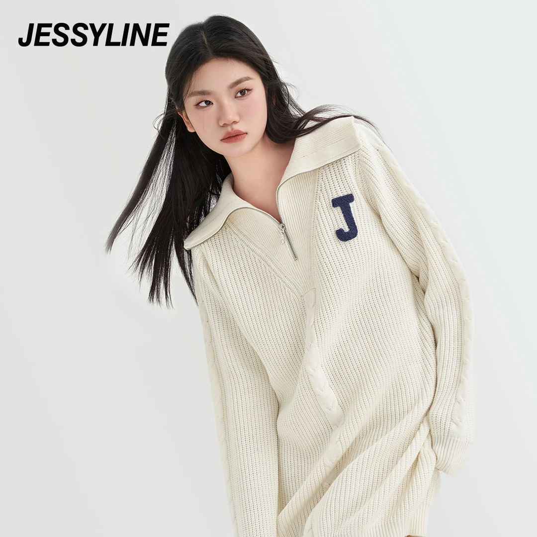 杰茜莱白色中长款套头针织衫女秋季新款毛衣连衣裙 jessyline
