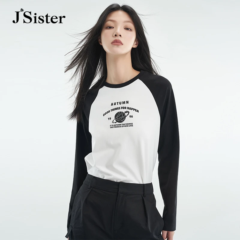 Jsister秋季新款JS简约撞色拼接学院长袖T恤休闲百搭打底印花