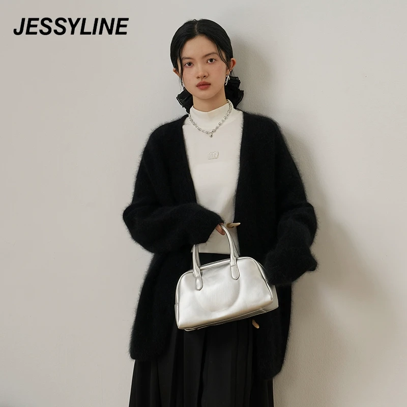 jessyline秋季新款 杰茜莱黑白色v领针织开衫 434104251