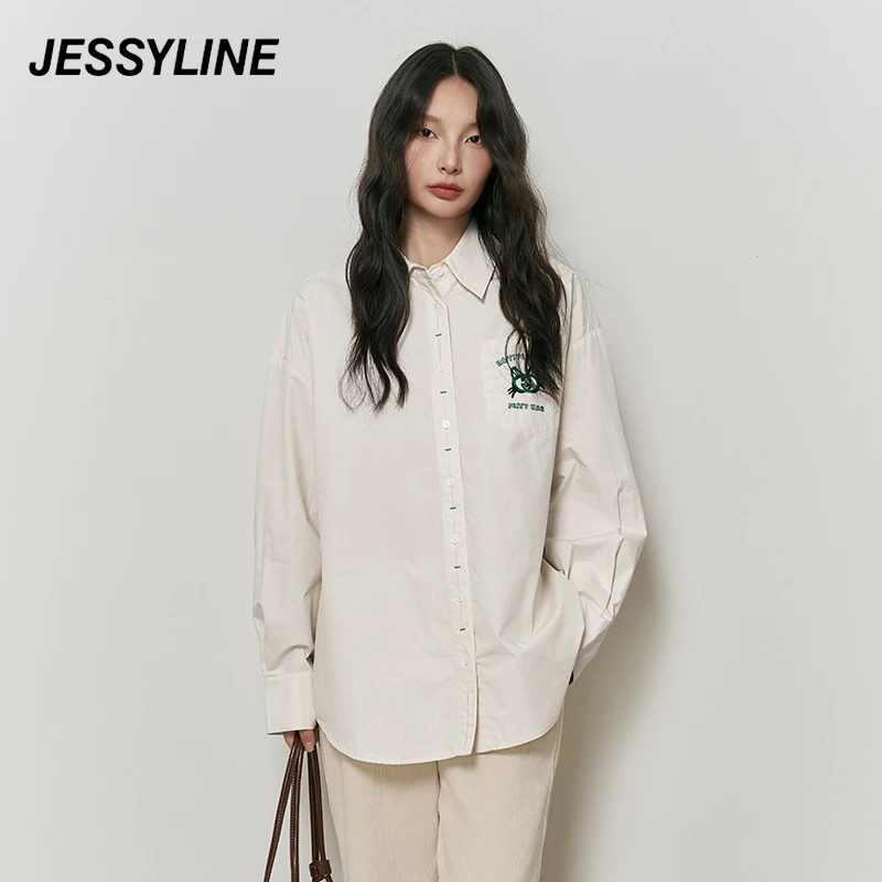 jessyline秋装新款 杰茜莱纯色刺绣百搭中长款长袖衬衫女衬衣