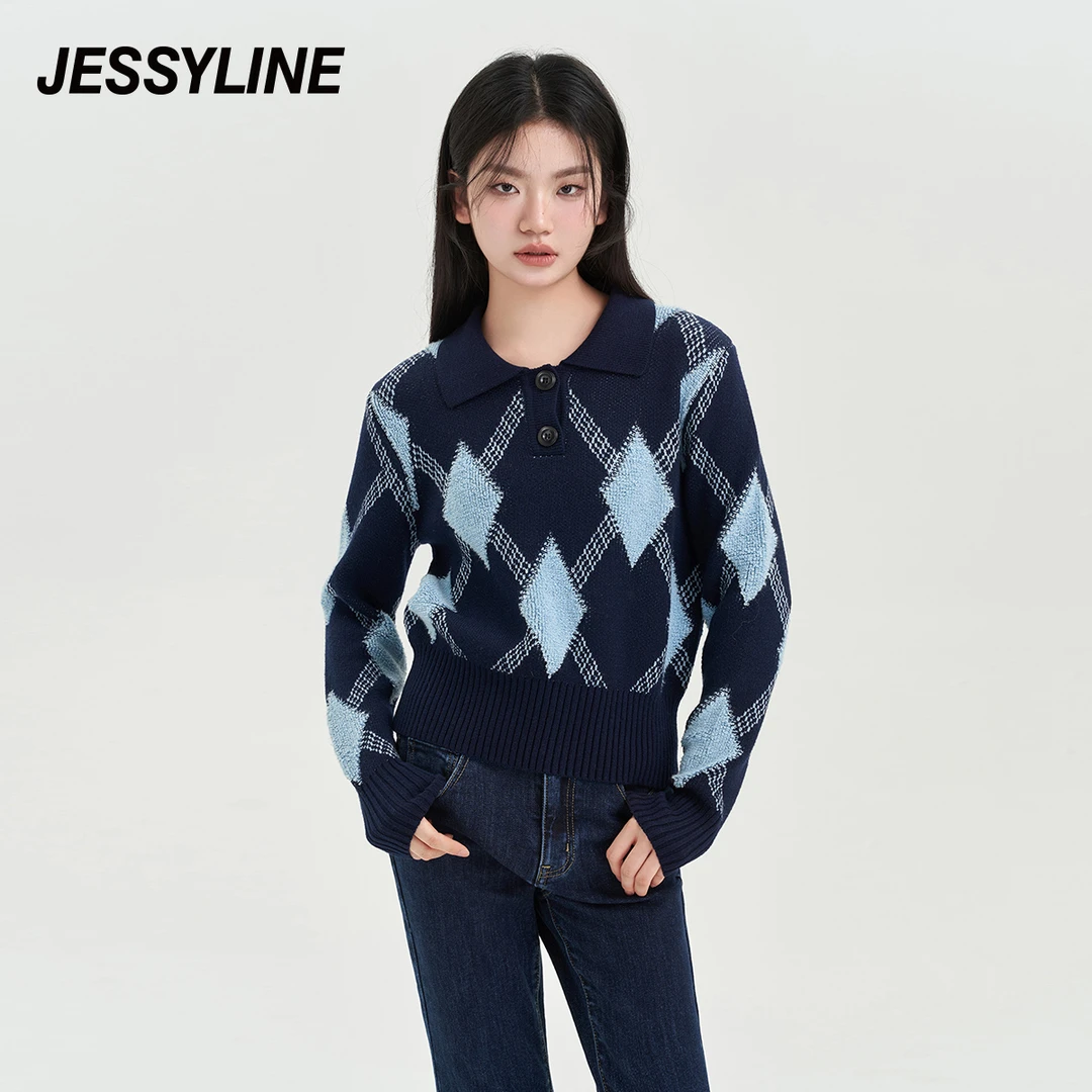 jessyline2023秋季新款杰茜莱格纹针织衫女复古通勤学院风毛衣