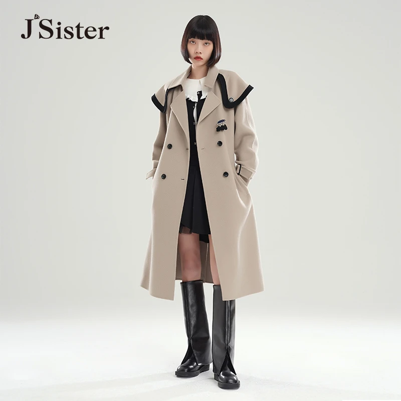 jsister 冬装新款 JS女装时尚卡其呢大衣 S245205521英伦拼接外套