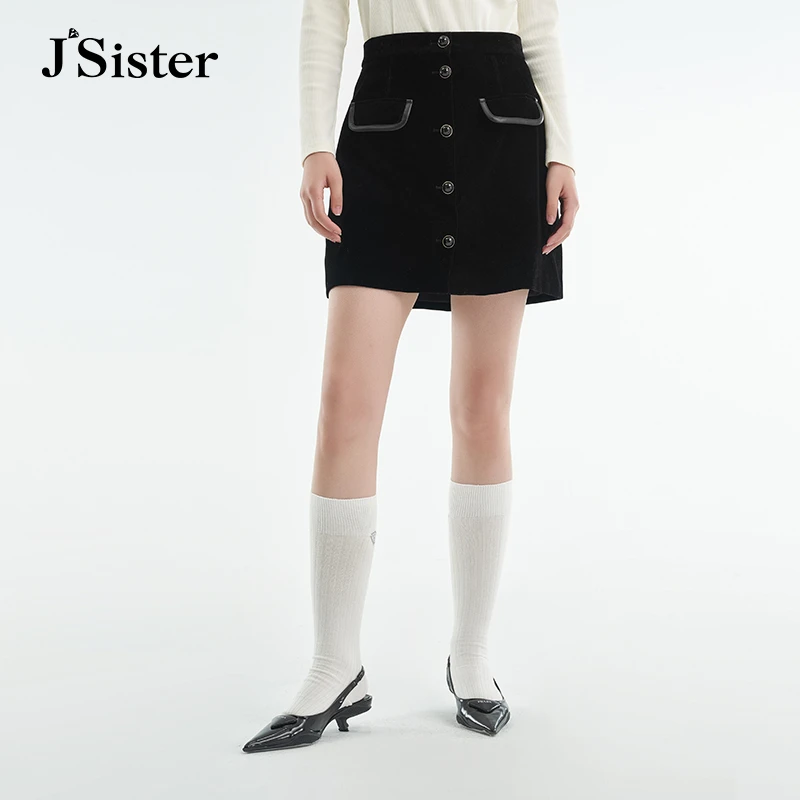jsister年秋季新品JS女装时尚黑色植绒学院百搭显瘦A字短裙