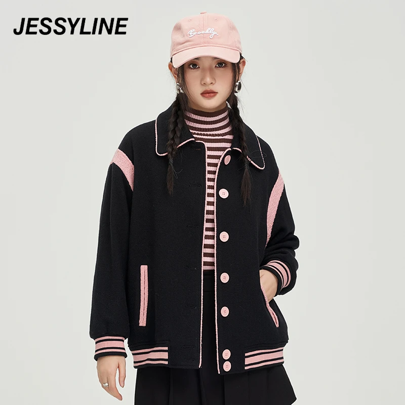 jessyline2杰茜莱拼色翻领毛呢外套女 秋季新款