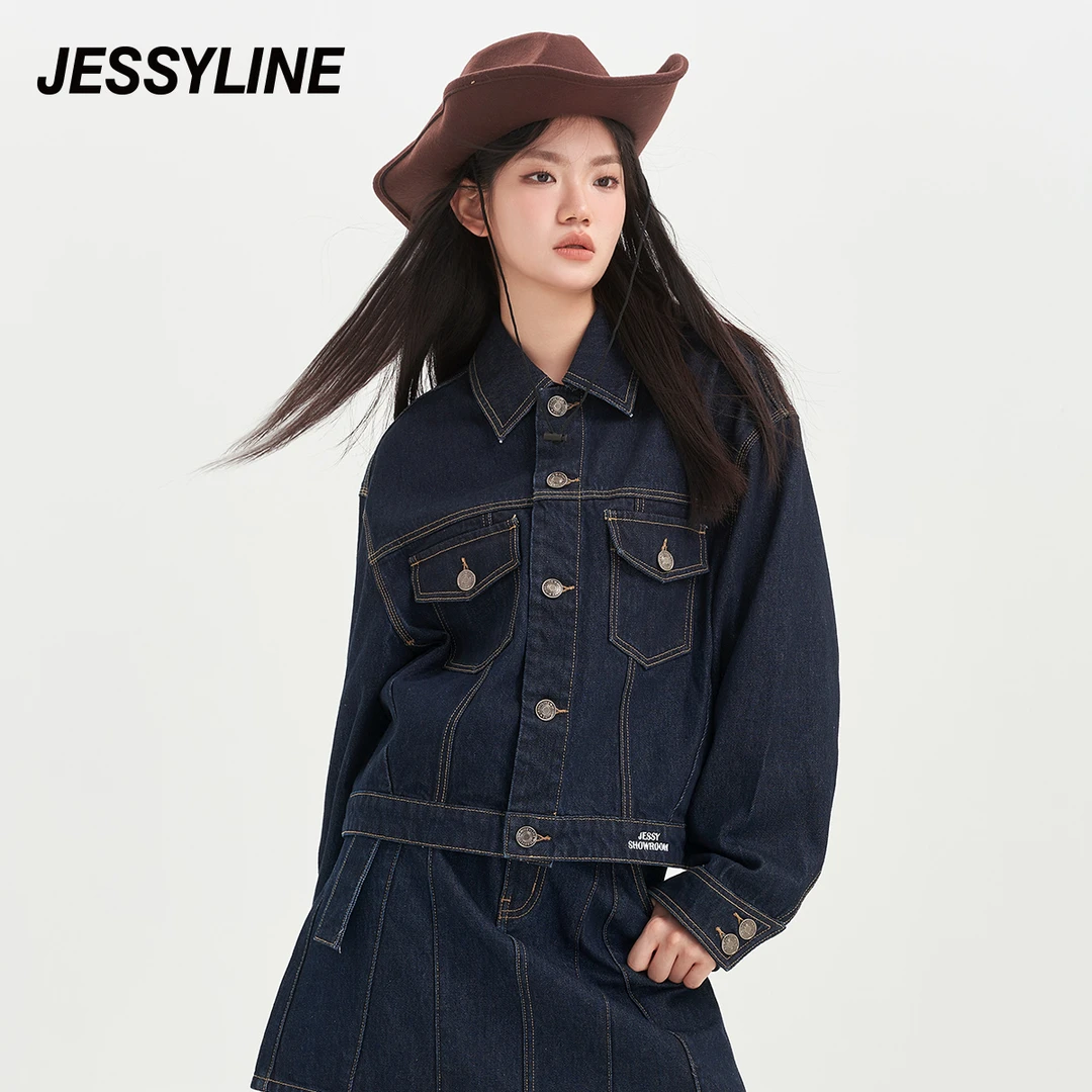 jessyline 秋季新款杰茜莱外套牛仔服复古废土风
