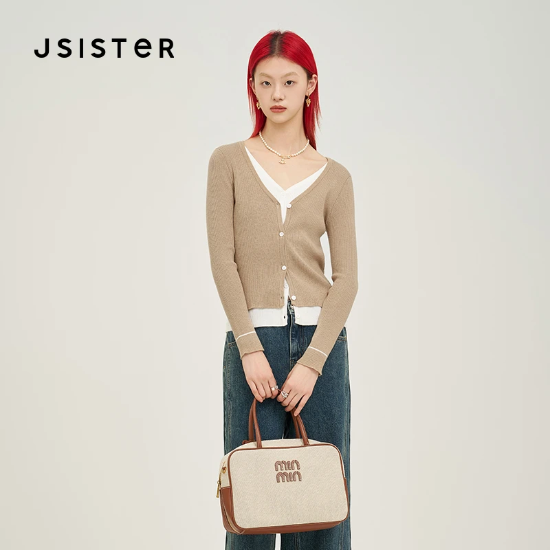 jsister 2025秋季新款 JS女装卡其假两件针织开衫 S434104192