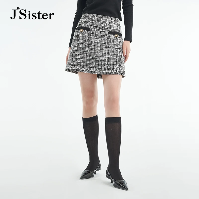 jsister 秋季新品 JS女装花灰拼色高腰流行的显瘦百搭毛呢A字短裙