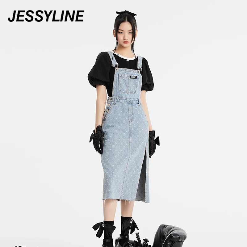 jessyline杰茜莱时尚中长款开叉通勤牛仔背带裙女