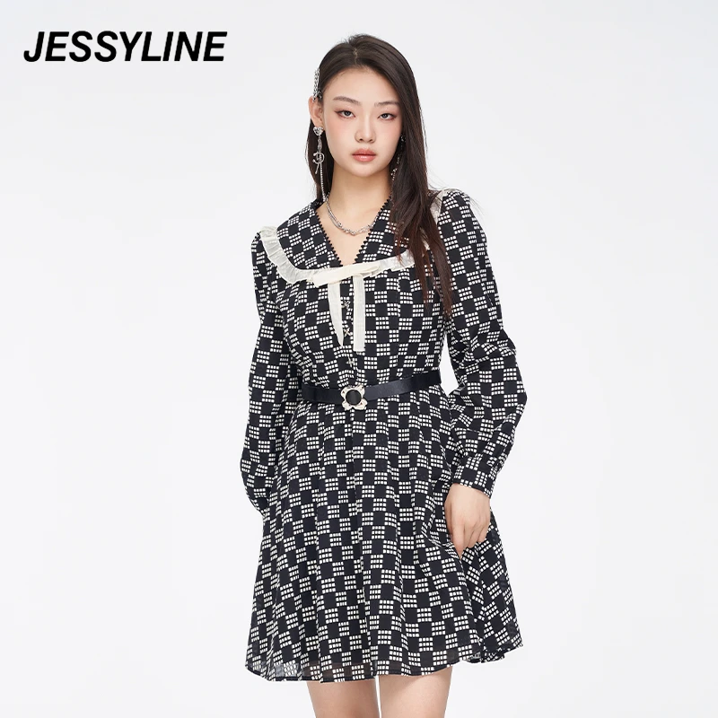 jessyline秋新款 杰茜莱娃娃领格子连衣裙女时尚