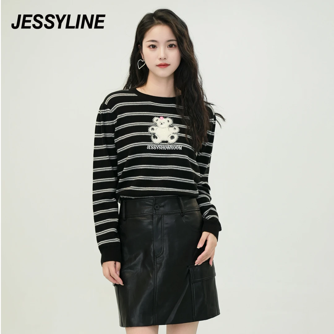 jessyline秋季新款杰茜莱条纹小熊针织衫长袖T恤24K龙穿搭